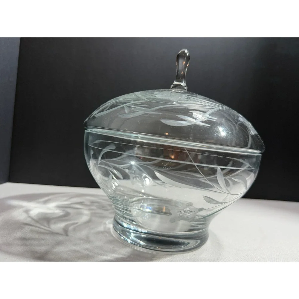 Vintage Etched Clear Glass Candy Dish with Lid Floral Pattern Pedestal Bowl